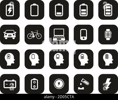 Akku Oder Elektrische Power Symbole Weiß Auf Schwarz Flat Design Groß Einstellen Stock Vektor
