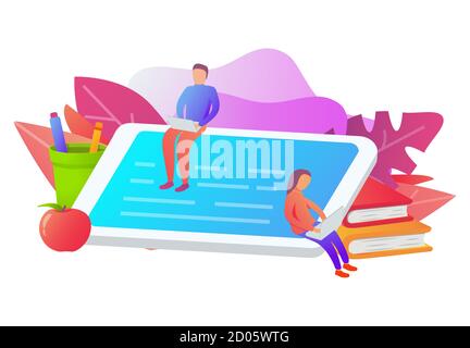 Online-Bildung concept.eLearning Tablet.Girl und guy Cartoon-Figuren Vektor-Illustration. Stock Vektor