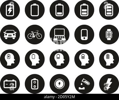 Akku Oder Elektrische Power Symbole Weiß Auf Schwarz Flat Design Kreis Groß Stock Vektor