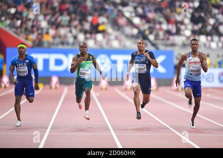 Michael Rodgers (USA), Akani Simbine (RSA), Jimmy Vicaut (FRA), Zharnel Hughes (GBR). 100 Meter, Halbfinale. Leichtathletik-Weltmeisterschaften, Doha 2019 Stockfoto