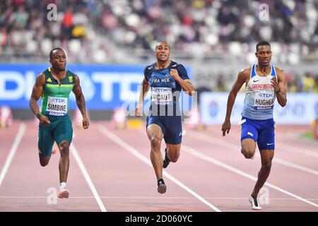 Akani Simbine (RSA), Jimmy Vicaut (FRA), Zharnel Hughes (GBR). 100 Meter Männer, Halbfinale. IAAF Leichtathletik-Weltmeisterschaften, Doha 2019 Stockfoto