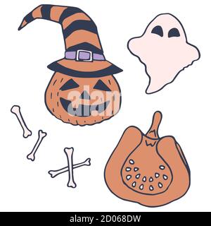 Halloween Kürbis Jack auf weiß isoliert Hintergrund. Ghostl und Knochen für Einladung oder Geschenkkarte, Notizbuch, Badetuch, Sammelalbum. Telefontasche oder Tuch p Stock Vektor