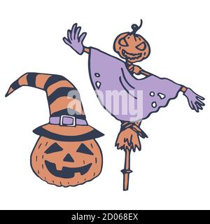 Halloween Vogelscheuche Symbol auf weiß isoliert Hintergrund. Kürbisheber für Einladung oder Geschenkkarte, Notizbuch, Badetuch, Sammelalbum. Telefontasche oder Tuch pri Stock Vektor