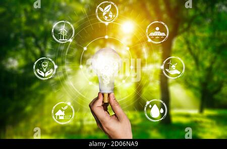 Grüne Energie Innovation Glühbirne mit zukünftigen Industrie der Stromerzeugung Symbol grafische Schnittstelle. Konzept der Nachhaltigkeitsentwicklung von Stockfoto