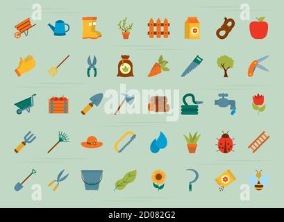 Icon-Set von Gartenarbeit auf grünem Hintergrund, flachen Stil, Vektor-Illustration Stock Vektor