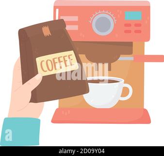 Internationaler Tag des Kaffees, Hand mit Verpackung Tasse und Maschine Vektor Illustration Stock Vektor