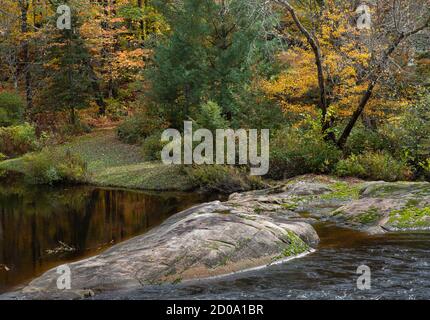 Farbenfrohe Herbstblätter um einen Fluss herum Stockfoto