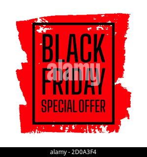 Black Friday Verkauf Pinsel Banner quadratische Vorlage. Tinte Malerei Sonderangebot, Pinsel Strich roten Hintergrund. Aquarell Grunge Textur. Schmutziger Spritzer. Isolierte Vektordarstellung Stock Vektor