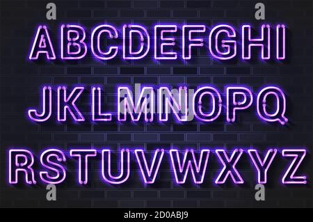 Leuchtendes lila Neon Lampe Alphabet. Realistische Darstellung. Schwarze Ziegelwand, weicher Schatten. Stockfoto