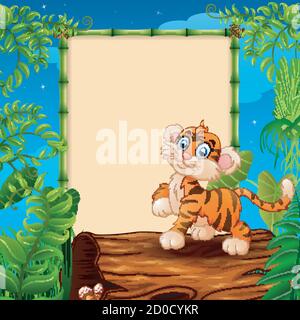 Cartoon Tiger auf hohl log in der Nähe der leeren gerahmten Schild Stock Vektor