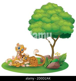 Cartoon Erwachsene Gepard mit jungen Gepard unter einem Baum auf Ein weißer Hintergrund Stock Vektor
