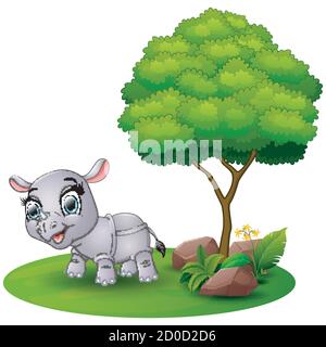 Vektor-Illustration von Cartoon Nashorn unter einem Baum auf einem Weißer Hintergrund Stock Vektor