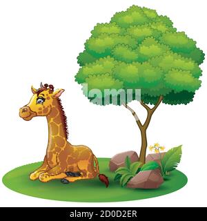 Cartoon Giraffe sitzt unter einem Baum auf weißem Hintergrund Stock Vektor