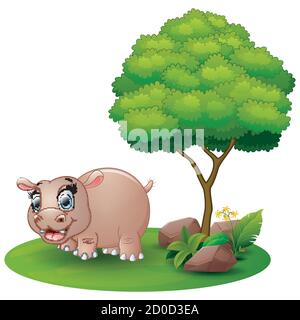 Cartoon Nilpferd unter einem Baum auf weißem Hintergrund Stock Vektor
