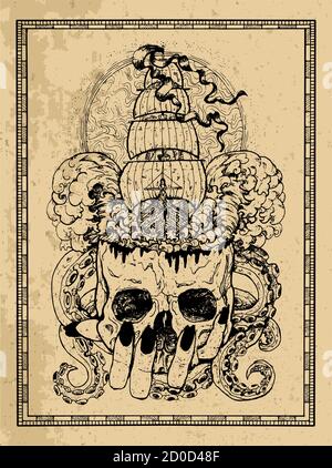 Marine-Emblem mit altem Segelboot, Abenteuerkonzept, Totenkopf und Monstertentakeln im Rahmen. Esoterische, okkulte und gotische Vektorgrafik mit Symbolen Stock Vektor