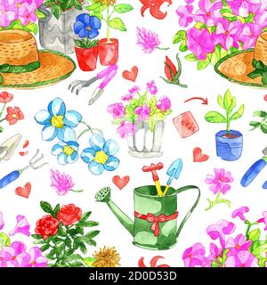 Nahtloses Muster mit Blume im Topf, Strohhut, Arbeitsgartenwerkzeuge auf Weiß. Aquarell-Doodle-Set mit Vintage-Gartenobjekten, handgezeichnet illustrat Stockfoto