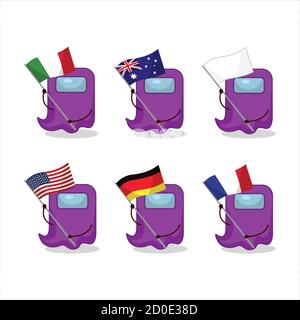 Ghost Among US lila Zeichentrickfigur bringen die Flaggen von Verschiedene Länder Stock Vektor
