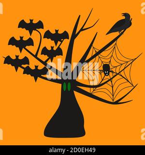 Halloween Baum Vektor-Illustration auf einem orangen Hintergrund. Fledermäuse, Rover und Spinne auf dem Baum. Grüne Augen. Stock Vektor