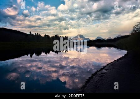 Mount Moran und die Oxbow Bend of the Snake River, Grand Teton National Park, Wyoming, USA Stockfoto