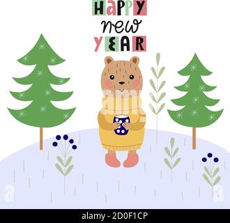 Kinderillustration - ein niedlicher Cartoon-Bär mit einem Muf Tee und der Inschrift - Frohes neues Jahr. Für die Gestaltung von Postkarten, Plakaten, Drucken Stock Vektor