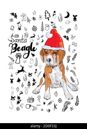 Beagle Hund tragen Weihnachtsmann roten Hut mit Santa Beagle Schriftzug und Zubehör für Weihnachten auf weißem Hintergrund. vektor-Illustration. Stock Vektor