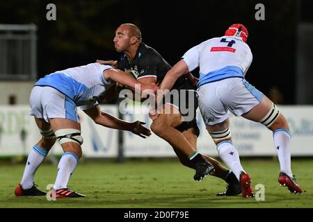 Parma, Italien. Oktober 2020. Daniele Rimpelli (Zebre) und die walisische Mauer während Zebre gegen Cardiff Blues, Rugby Guinness Pro 14 in parma, Italien, Oktober 02 2020 Credit: Independent Photo Agency/Alamy Live News Stockfoto