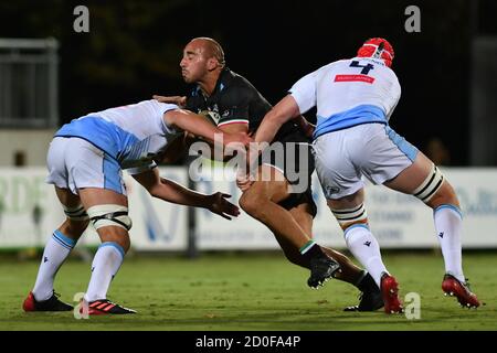 Parma, Italien. 2. Okt, 2020. parma, Italien, 02 Okt 2020, Daniele Rimpelli (Zebre) und die walisische Mauer während Zebre vs Cardiff Blues - Rugby Guinness Pro 14 - Credit: LM/Alessio Tarpini Credit: Alessio Tarpini/LPS/ZUMA Wire/Alamy Live News Stockfoto