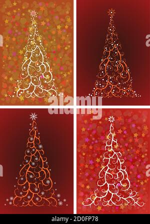 Vektor-Set von stilisierten Weihnachtsbaum. Handgezeichnete Abbildung. In weißen und roten Farben. Verwendete Verläufe und Transparenzeffekte. Stock Vektor