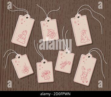 Set von Weihnachtspapier-Tags auf Schnur. Mit handgezeichneten Weihnachtsobjekten, in roten Farben. Stock Vektor