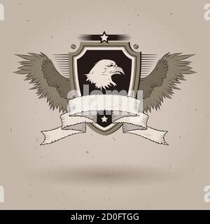 Vektor Weißkopfseeadler Kopf auf Schild. Mit zerfetztem Banner und Flügeln. Stock Vektor