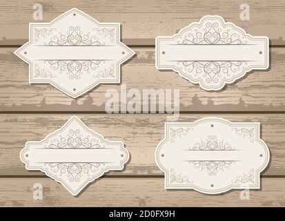 Vector Set von Etiketten mit Rahmen und dekorativen Elementen. Auf Holzhintergrund. Stock Vektor
