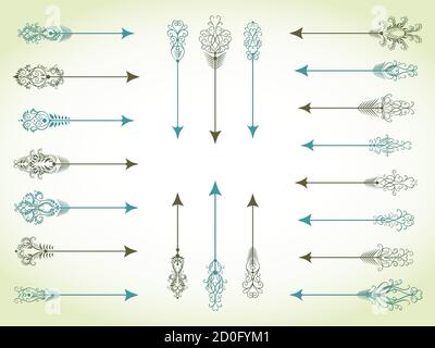 Vector Sammlung von handgezeichneten dekorative Pfeile und Zeiger. In blauen und dunkelgrünen Farben. Stock Vektor