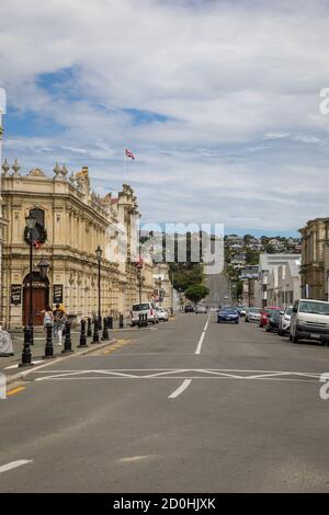 Tyne Street mit dem ehemaligen Criterion Hotel im historischen Viertel von Oamaru, Otago, Neuseeland. Stockfoto