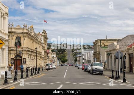 Tyne Street mit dem ehemaligen Criterion Hotel im historischen Viertel von Oamaru, Otago, Neuseeland. Stockfoto