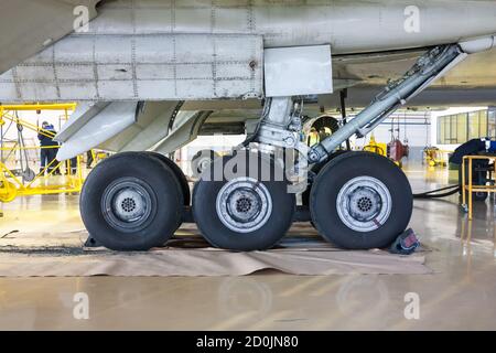 Nahaufnahme des Hauptfahrzeugs des Passagierflugzeugs im Hangar Stockfoto