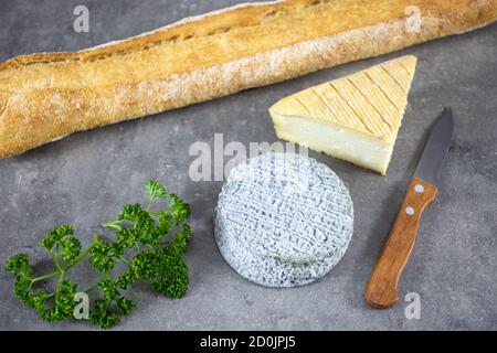 Selles-sur-Cher Ziegenkäse und Maroilles auf einem Tisch Stockfoto