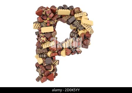 Buchstabe P von Schokolade Bonbons. 3D-Rendering auf weißem Hintergrund isoliert Stockfoto