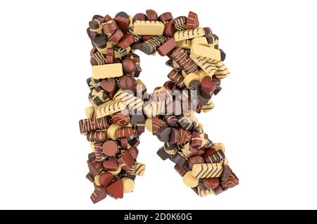 Buchstabe R von Schokolade Bonbons. 3D-Rendering auf weißem Hintergrund isoliert Stockfoto