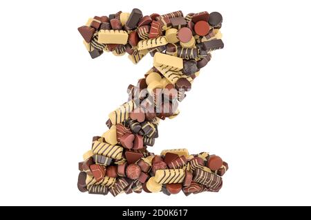Buchstabe Z von Schokolade Bonbons. 3D-Rendering auf weißem Hintergrund isoliert Stockfoto