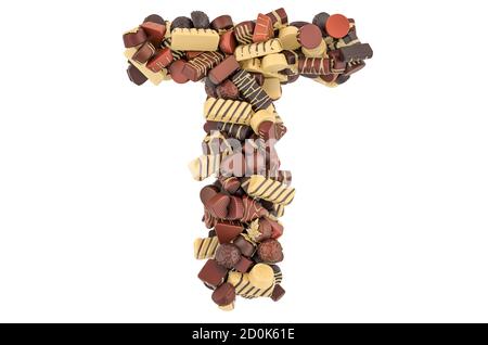 Buchstabe T von Schokolade Bonbons. 3D-Rendering auf weißem Hintergrund isoliert Stockfoto