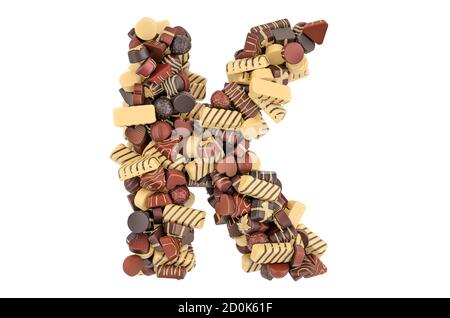 Buchstabe K aus Schokolade Bonbons. 3D-Rendering auf weißem Hintergrund isoliert Stockfoto