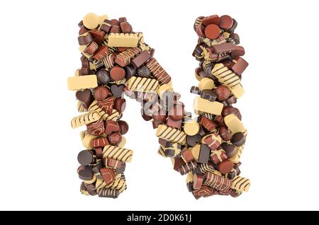 Buchstabe N aus Schokolade Bonbons. 3D-Rendering auf weißem Hintergrund isoliert Stockfoto