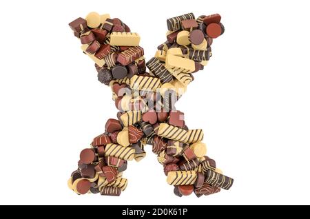 Buchstabe X von Schokolade Bonbons. 3D-Rendering auf weißem Hintergrund isoliert Stockfoto