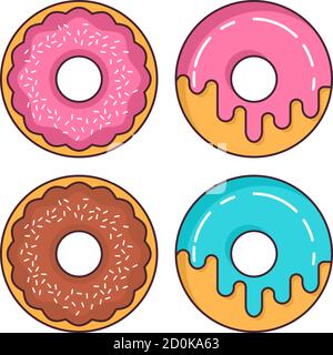 Donuts Erdbeere und Schokolade Glasur. Gebäck Dessert. Grafik-Vektor mit flacher Linie. Stock Vektor