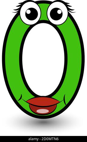 Lustige handgezeichnete Cartoon gestylt Schriftart bunte grüne Zahl Null mit lächelndem Gesicht Vektor Alphabet Illustration isoliert auf weiß. Gut für Kinder lernen Stock Vektor
