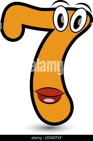 Lustige Hand gezeichnet Cartoon gestylt Schriftart bunt orange Zahl sieben mit lächelndem Gesicht Vektor Alphabet Illustration isoliert auf weiß. Gut für Kinder lear Stock Vektor