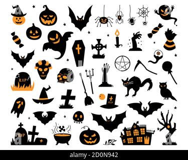 Happy Halloween Magic Kollektion, Zauberer Attribute, gruselige und gruselige Elemente für Halloween Dekorationen, Doodle Silhouetten, Skizze, Symbol, Aufkleber Stock Vektor