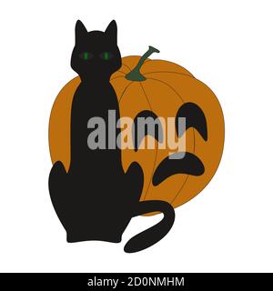 Halloween Vektor Illustration schwarze Katze Silhouette und Kürbis auf weißem Hintergrund. Grüne Augen. Stock Vektor