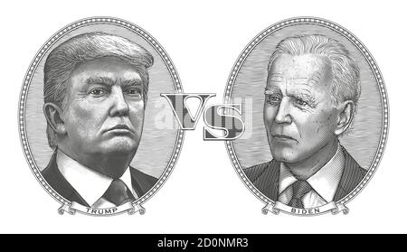 Donald Trump gegen Joe Biden. Debatte zwischen dem amtierenden Präsidenten der USA und seinem Rivalen 2020. Vektor-Porträts von Politikern.Vintage-Stil. Stock Vektor