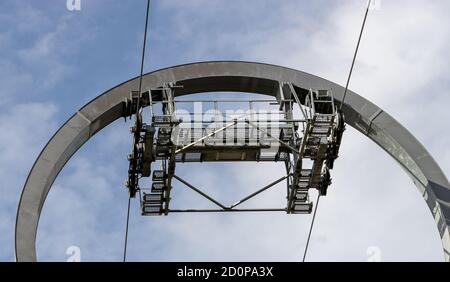 Cable car for sightseeing. Part of the design detail close-up against a blue sky with white clouds. Stockfoto